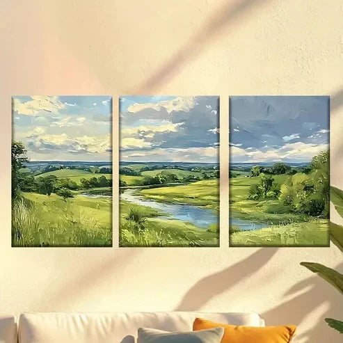 3pcs Painting of a River in a Field Wall Art Set Canvas Framed 40x60cm - High Quality Print 100% Australian Made Wall Canvas Ready to Hang
