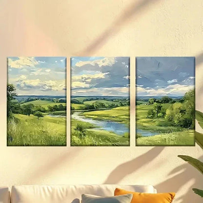 3pcs Painting of a River in a Field Wall Art Set Canvas Framed 40x60cm - High Quality Print 100% Australian Made Wall Canvas Ready to Hang
