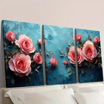 3pcs Pink Rose Roses Impasto  PR  Water Reflections Framed Wall Art Set Canvas Framed 50x70cm - High Quality Print 100% Australian Made Wall Canvas Ready to Hang