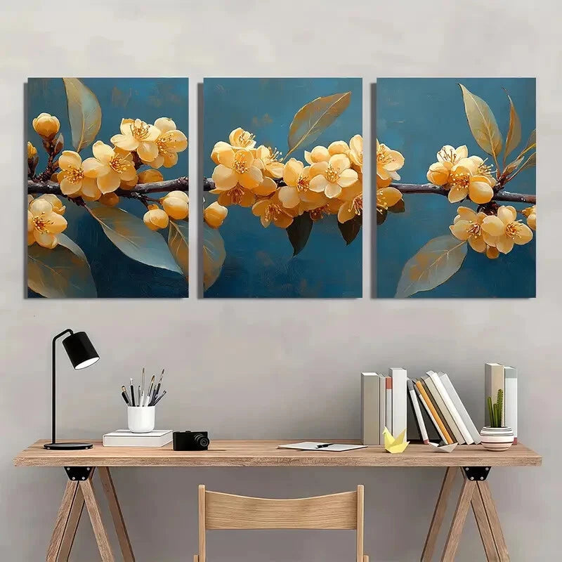 3pcs Mountain Yellow Laurel Flower Art Nature Metal Print Ready to Hang Art - Bella Home Decor