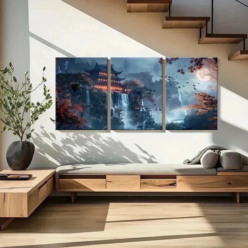 3pcs Waterfall & Traditional Architecture Metal Print Ready to Hang Art - Bella Home Decor