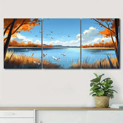 3pcs Peaceful Autumn Scenery Blue Sky Perfect Wall Art Set Canvas Framed 50x70cm - High Quality Print 100% Australian Made Wall Canvas Ready to Hang