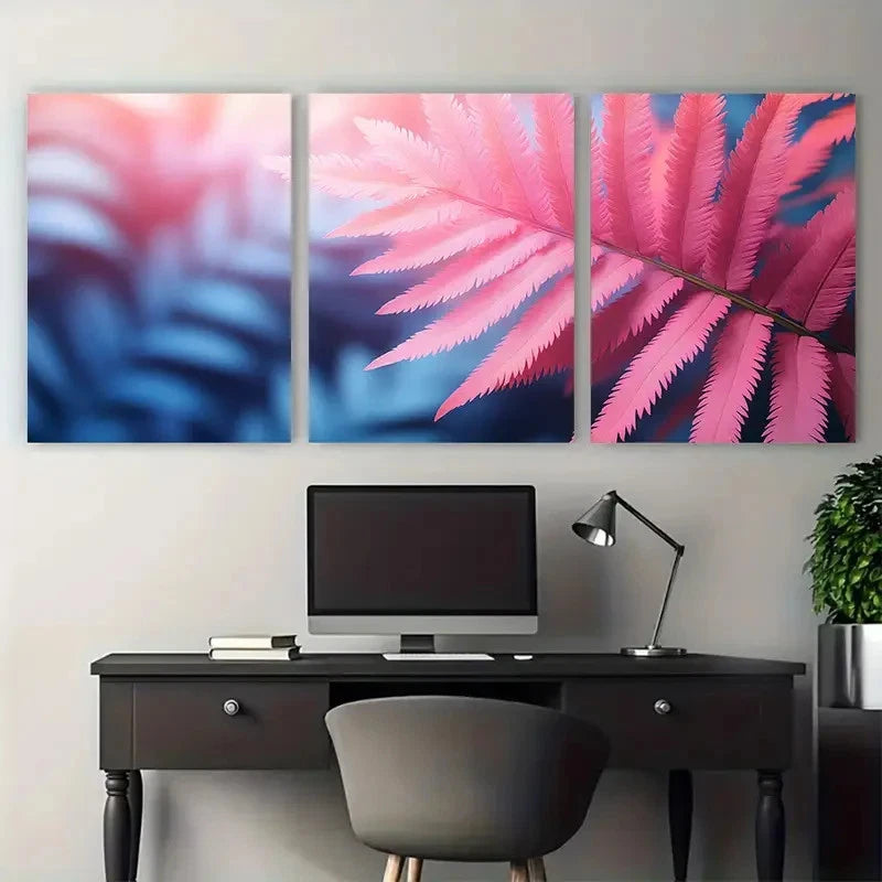 3pcs Tropical Fern Leaf in Pink Blue Tones Wall Art Set Canvas Framed 40x60cm - High Quality Print 100% Australian Made Wall Canvas Ready to Hang - Bella Home Decor