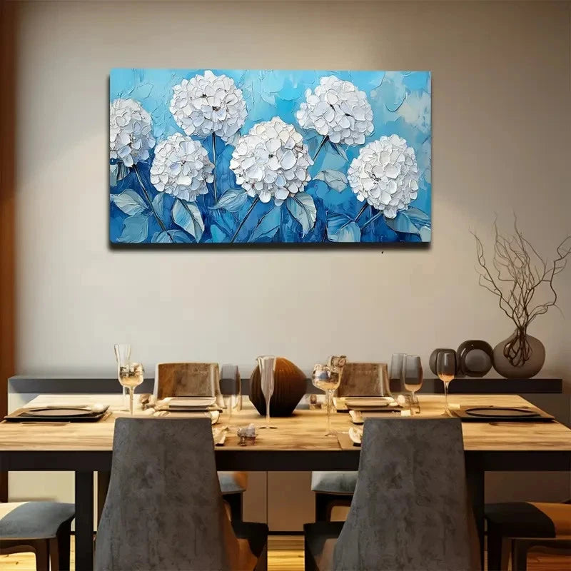 Blue Background & White Flower Wall Art canvas office home room framed 120x60cm - Bella Home Decor