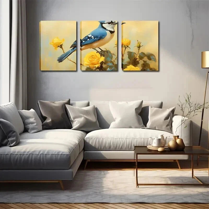 3pcs Crested Blue Jay Yellow Rose Branch Perfect Wall Art Set Canvas Framed 50x70cm - High Quality Print 100% Australian Made Wall Canvas Ready to Hang - Bella Home Decor