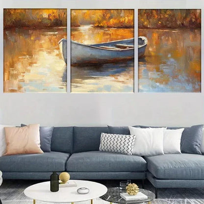 3pcs Modern Serene Lake Rustic Autumn Boat Wall Art Set Canvas Unframed - High Quality Print 100% Australian Made Wall Canvas