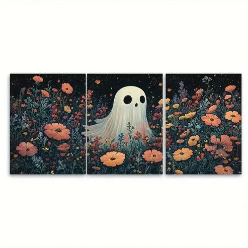 3pcs Horror Spooky Cute Ghost with Florals Wall Art Canvas Unframed - High Quality Print 100% Australian Made Wall Canvas