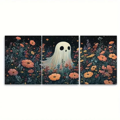 3pcs Horror Spooky Cute Ghost with Florals Wall Art Canvas Unframed - High Quality Print 100% Australian Made Wall Canvas
