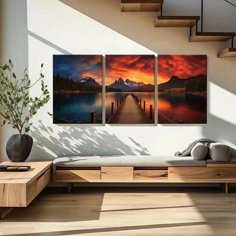 3pcs Sunset Lake Mountains Dock Reflections Wall Art Set Canvas Framed 60x90cm - High Quality Print 100% Australian Made Wall Canvas Ready to Hang - Bella Home Decor