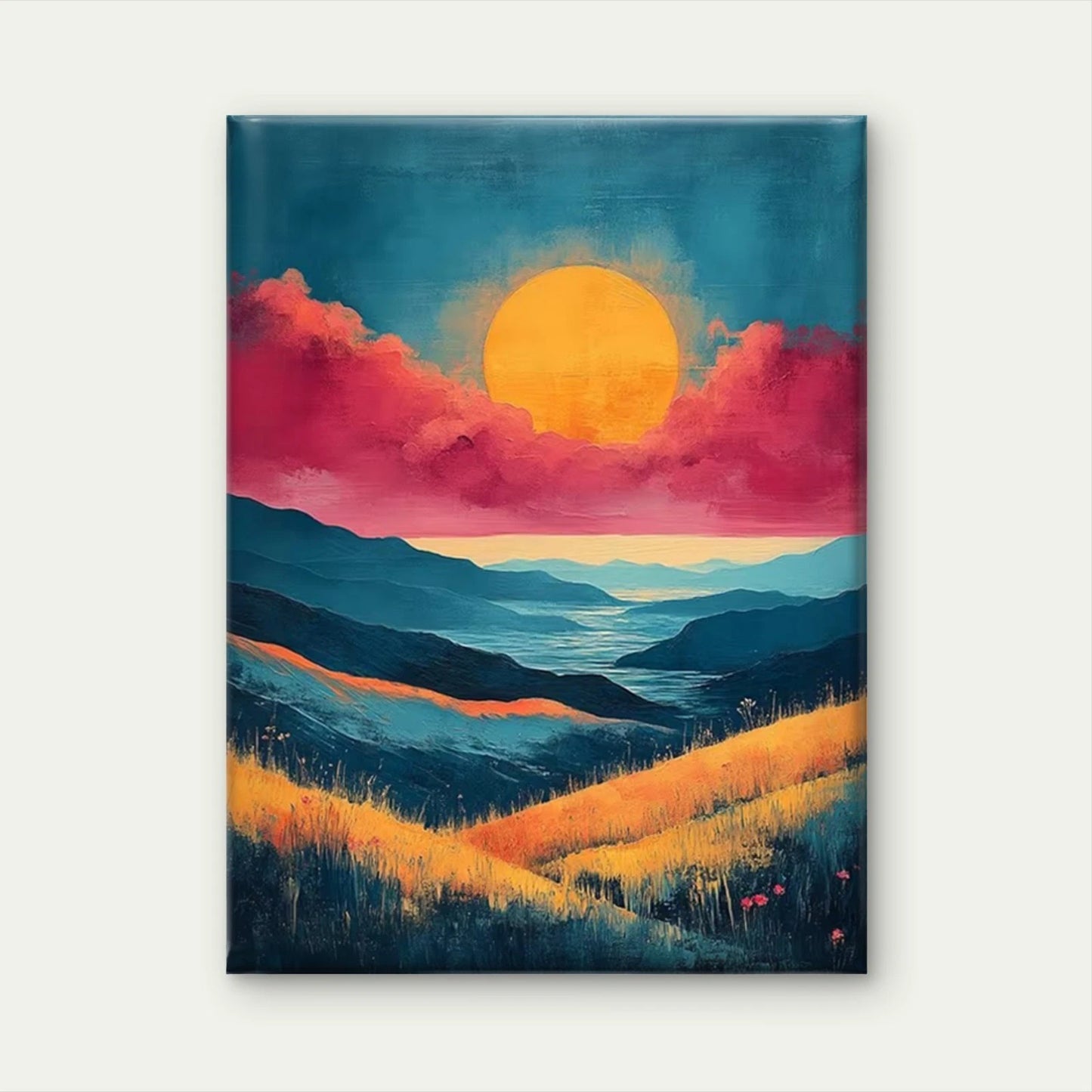 Serene Pink & Teal Landscape with Sunset Metal Print Ready to Hang