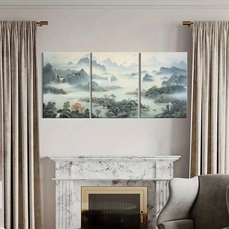 3pcs Serene Chinese Traditional Landscape Metal Print Ready to Hang Art - Bella Home Decor