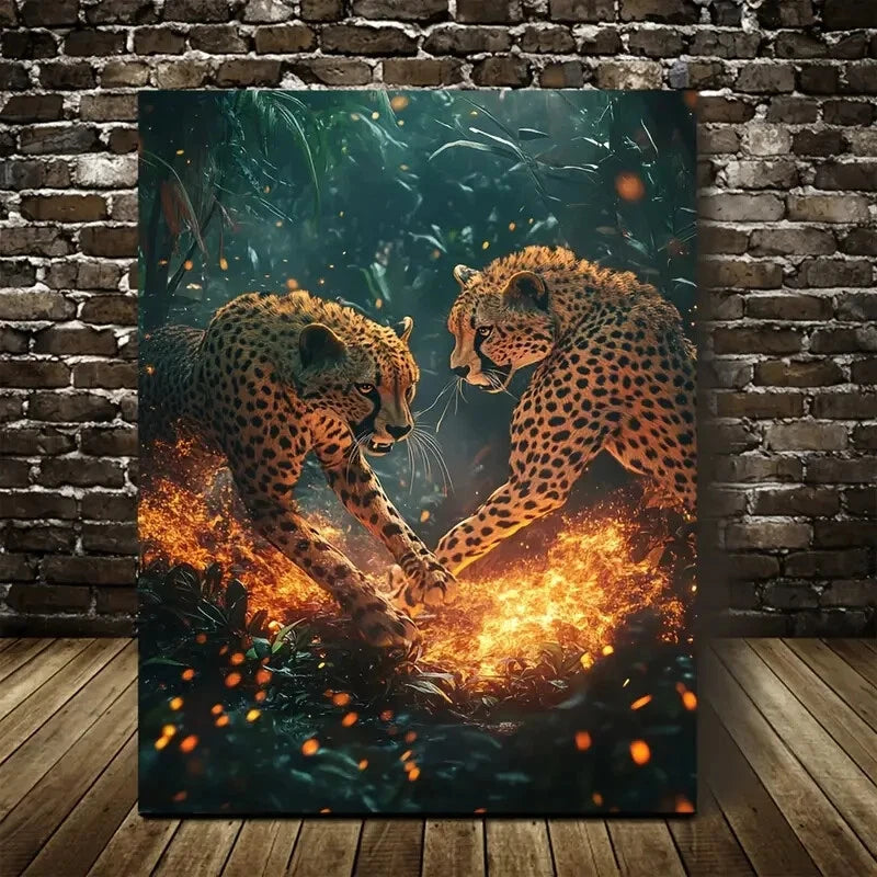 Cheetahs In Deep Jungle Scene with Glowing Painting 40x60cm Metal Print Ready to Hang - Bella Home Decor