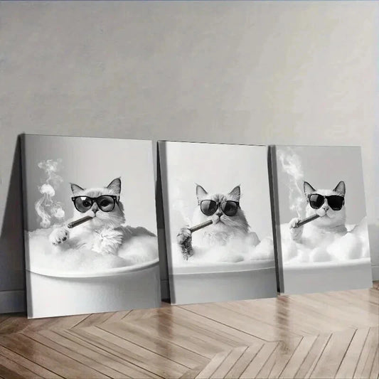 3pcs Gangster Brother Kitten Wall Art Set Canvas Framed 50x70cm - High Quality Print 100% Australian Made Wall Canvas Ready to Hang