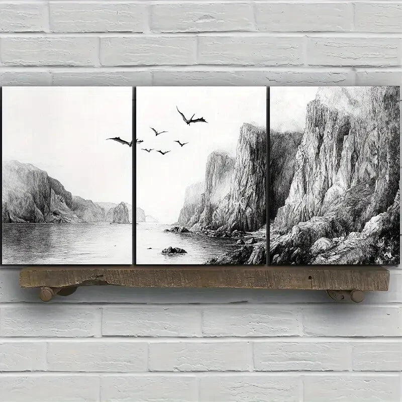 3pcs Dragons Flying on the Coast Metal Print Ready to Hang Art - Bella Home Decor
