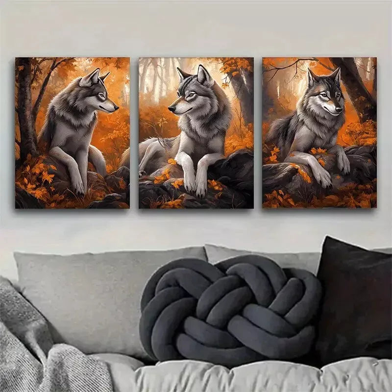 3pcs Autumn Majestic Wolves in ForestWall Art Set Canvas Framed 50x70cm - High Quality Print 100% Australian Made Wall Canvas Ready to Hang