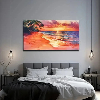 Tropical Beach Sunset Red Wall Art Canvas Office Home Room Framed 120x60cm