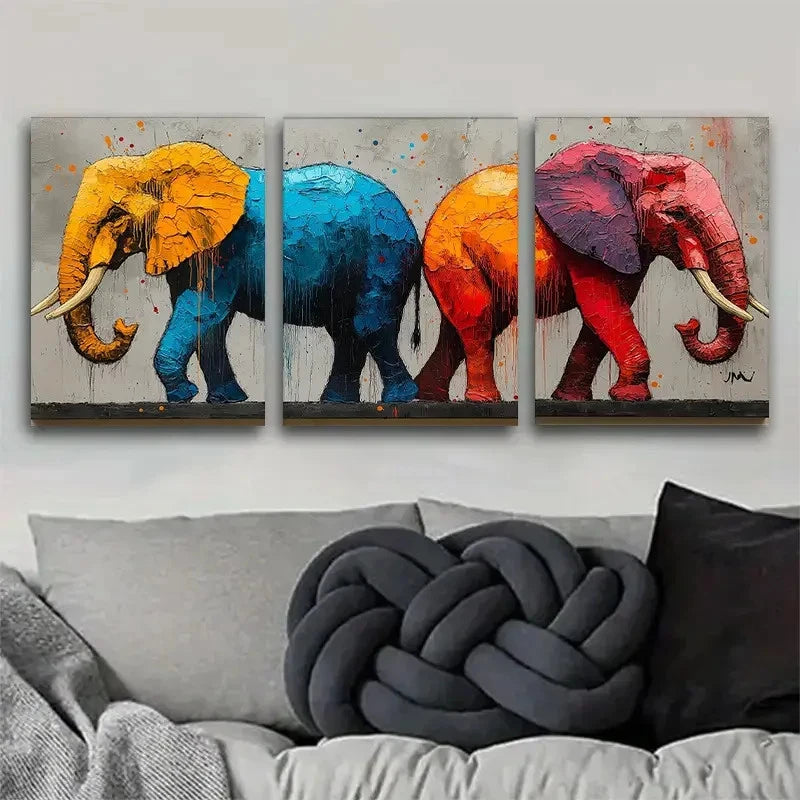 3pcs Colorful Elephant Triptych Wall Art Metal Print Ready to Hang Art - Bella Home Decor