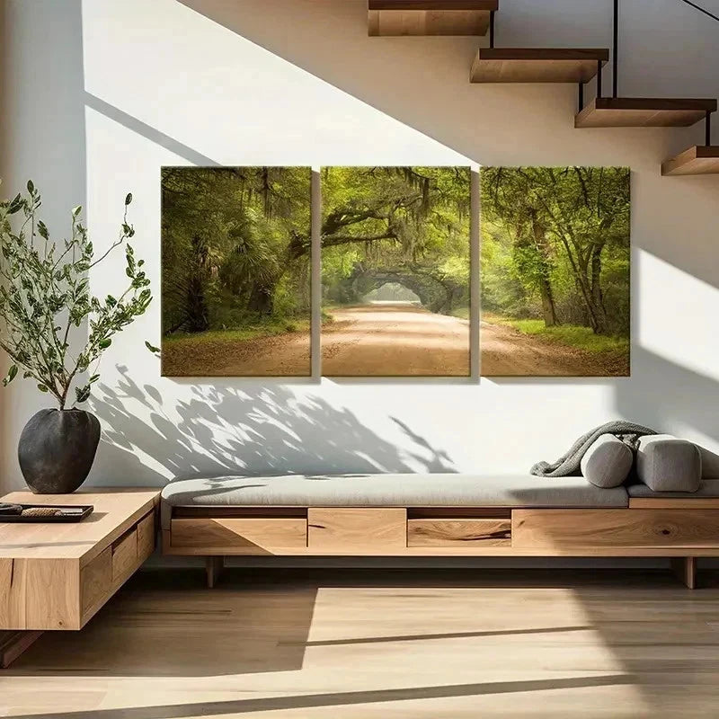 3pcs Serene Sunlit Forest Tree Lined Pathway Wall Art Set Canvas Framed 60x90cm - High Quality Print 100% Australian Made Wall Canvas Ready to Hang