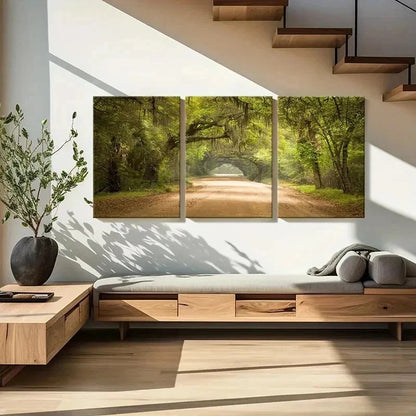 3pcs Serene Sunlit Forest Tree Lined Pathway Wall Art Set Canvas Framed 60x90cm - High Quality Print 100% Australian Made Wall Canvas Ready to Hang