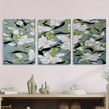 3pcs White Floral with Blue Green Abstract Wall Art Set Canvas Framed 60x90cm - High Quality Print 100% Australian Made Wall Canvas Ready to Hang