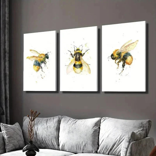 3pcs Vibrant Bee Watercolor Decor Wall Art Set Canvas Framed 40x60cm - High Quality Print 100% Australian Made Wall Canvas Ready to Hang