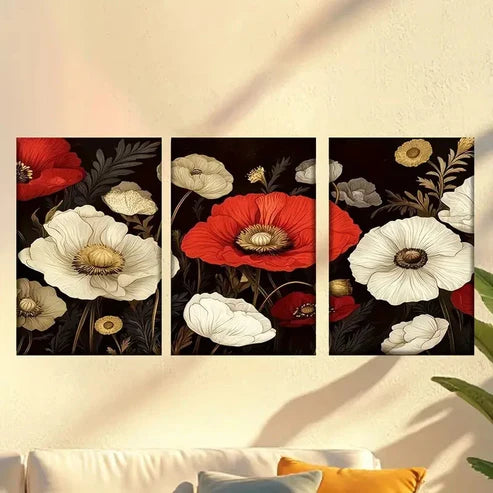 3pcs Painting of Red and White Flowers Wall Art Canvas Unframed – High Quality Print 100% Australian Made Wall Canvas