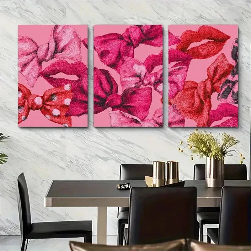 3pcs Girly Coquette Bows Retro Kiss Lips Perfect Wall Art Set Canvas Framed 50x70cm - High Quality Print 100% Australian Made Wall Canvas Ready to Hang - Bella Home Decor