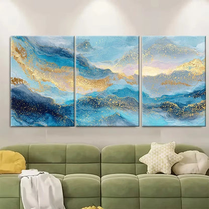 3pcs Blue & Golden Ocean Sunrise Abstract Metal Print Ready to Hang Art