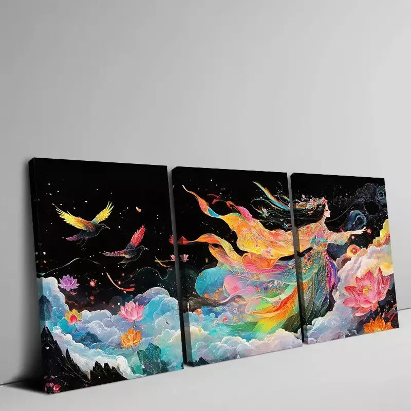 3pcs Enchanting Fairy in Rainbow Lotus Flowers Wall Art Set Canvas Framed 50x70cm - High Quality Print 100% Australian Made Wall Canvas Ready to Hang