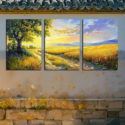 3pcs Vibrant Pastoral Field with Pathway Scene Metal Print Ready to Hang Art - Bella Home Decor