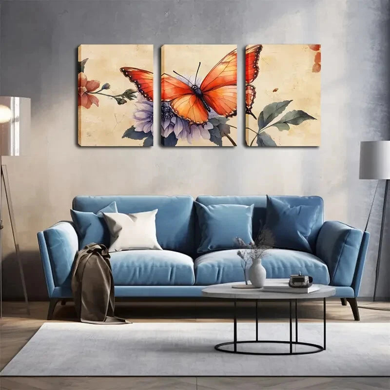 3pcs Orange-Red Butterflies Resting Perfect Wall Art Set Canvas Framed 40x60cm - High Quality Print 100% Australian Made Wall Canvas Ready to Hang - Bella Home Decor