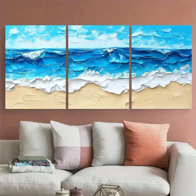 3pcs Blue Beach Abstract Painting Summer Sea Wall Art Set Canvas Framed 60x90cm - High Quality Print 100% Australian Made Wall Canvas Ready to Hang - Bella Home Decor