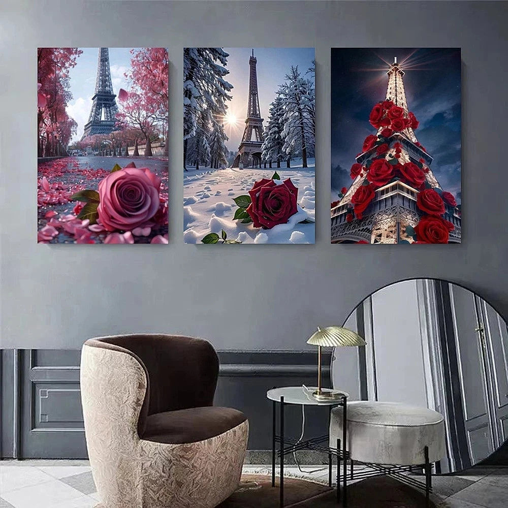 3pcs Eiffel Tower And Rose Romantic Paris Metal Print Ready to Hang Art - Bella Home Decor