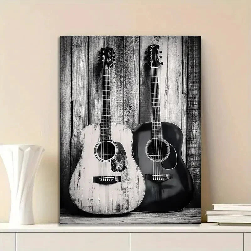 Black And White Photograph of Two Acoustic Guitars 40x60cm Metal Print Ready to Hang
