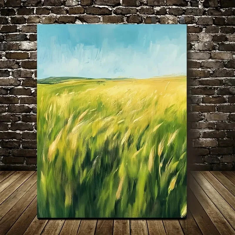 Wheat Field with Blue Sky & Clouds Painting 40x60cm Metal Print Ready to Hang