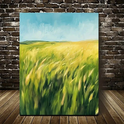 Wheat Field with Blue Sky & Clouds Painting 40x60cm Metal Print Ready to Hang