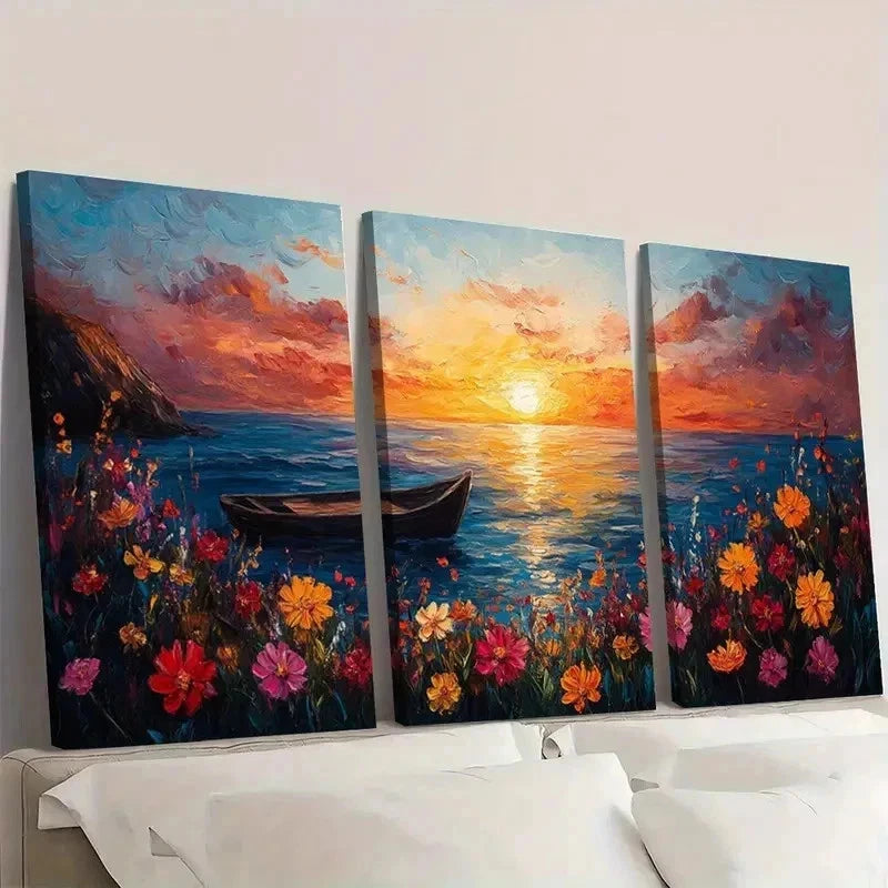 3pcs Vibrant Abstract Ocean & Flower Scene P    Wall Art Set Canvas Framed 50x70cm - High Quality Print 100% Australian Made Wall Canvas Ready to Hang - Bella Home Decor