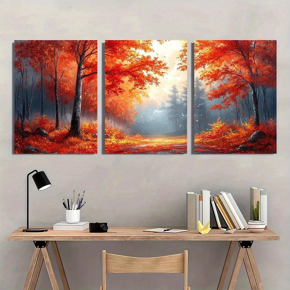 3pcs Autumn Forest Red & Orange Leaves Wall Art Set Canvas Framed 60x90cm - High Quality Print 100% Australian Made Wall Canvas Ready to Hang - Bella Home Decor