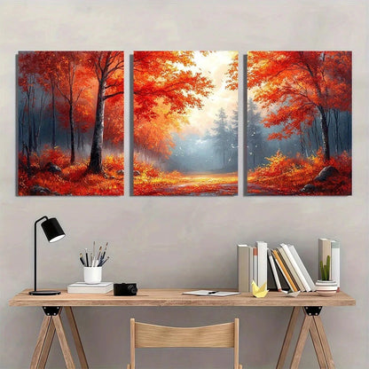 3pcs Autumn Forest Red & Orange Leaves Wall Art Set Canvas Framed 60x90cm - High Quality Print 100% Australian Made Wall Canvas Ready to Hang - Bella Home Decor