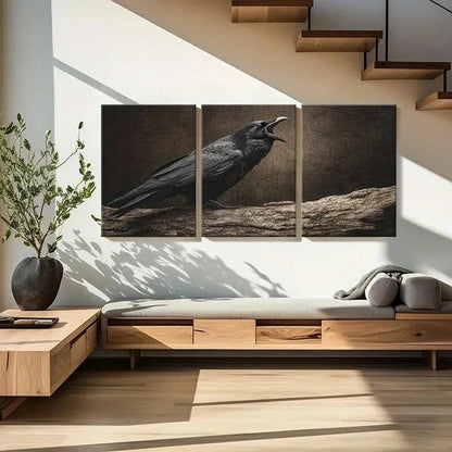 3pcs Artistic Black Crow Perched On Tree Branch Metal Print Ready to Hang Art - Bella Home Decor