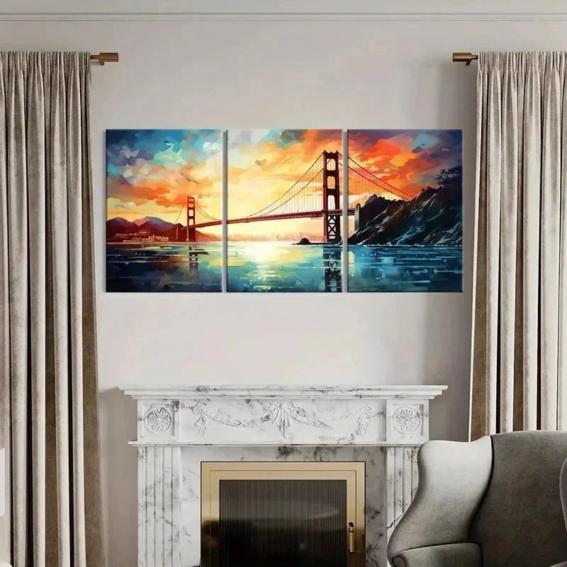 3pcs Golden Gate Bridge, Vibrant Sunset  Wall Art Set Canvas Framed 60x90cm - High Quality Print 100% Australian Made Wall Canvas Ready to Hang - Bella Home Decor