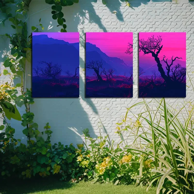 3pcs Vibrant Purple Forest Scene with Twilight Sky Metal Print Ready to Hang Art - Bella Home Decor