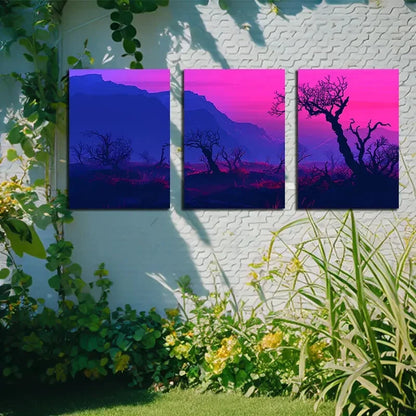 3pcs Vibrant Purple Forest Scene with Twilight Sky Metal Print Ready to Hang Art - Bella Home Decor