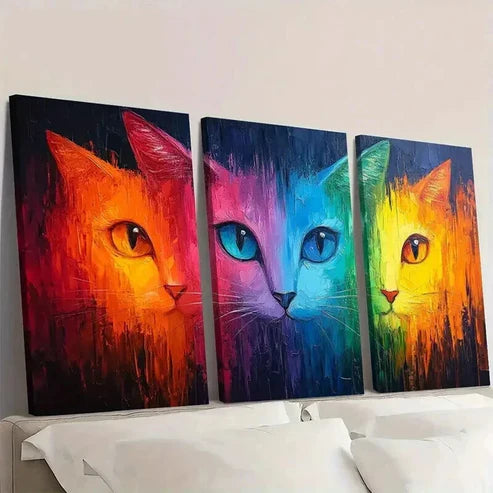 3pcs Vibrant Cat Colorful Abstract Decor Wall Art Canvas Unframed - High Quality Print 100% Australian Made Wall Canvas
