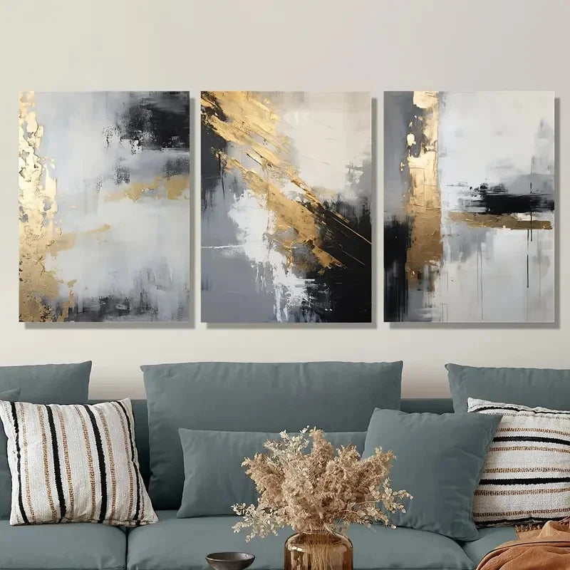 3pcs Golden Black Abstract Oil Painting Wall Art Set Canvas Framed 40x60cm - High Quality Print 100% Australian Made Wall Canvas Ready to Hang - Bella Home Decor