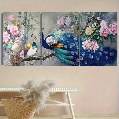 3pcs PeaRooster and Flowers Illustration Wall Art Set Canvas Framed 50x70cm - High Quality Print 100% Australian Made Wall Canvas Ready to Hang