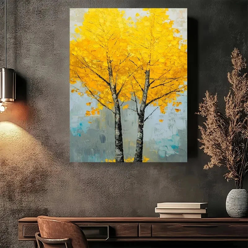 Beautiful Modern Abstract Yellow Tree Painting 40x60cm Metal Print Ready to Hang - Bella Home Decor