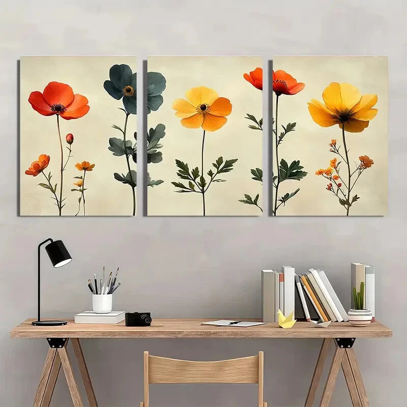 3pcs Vibrant Wildflower Botanical Illustrations Metal Print Ready to Hang Art - Bella Home Decor