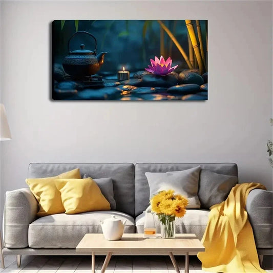 Tranquil Zen Garden with Bamboo Wall Art Canvas Office Home Room Framed 120x60cm