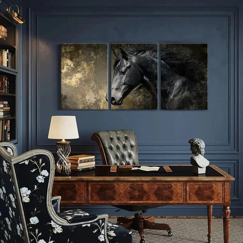 3pcs Black Horse Art Abstract Painting Poster Metal Print Ready to Hang Art - Bella Home Decor